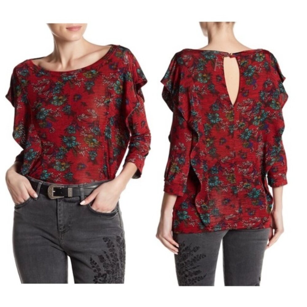 FREE PEOPLE Dock Street Red Combo Romantic Ruffle Top Size Small Slinky Knit